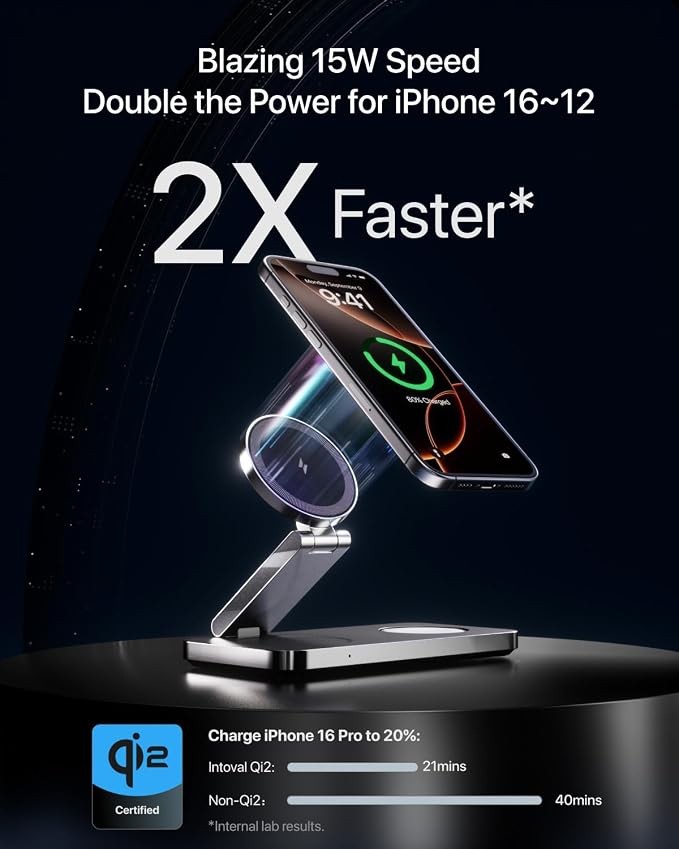 Intoval 3-in-1 Foldable Wireless Charging Station, Qi2 Certified 15W Ultra Fast Wireless Charger for Magsafe, Magnetic Charger Stand for iPhone 17/16/15/14/13/12, Apple Watch & AirPods.(Black)