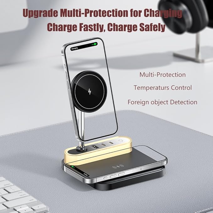 4-in 1 Magnetic Wireless Charging Station with Night Light, 15W Fast Mag-Safe Charge for iPhone 16/15/14/13/12 & AirPods, 3-Port Hub (2xType-C, 1xUSB) for Home, Office, Hotel