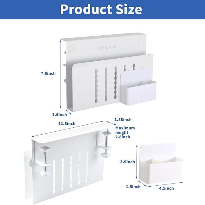 LUKETURE Laptop Holder, Steel Desk Side Storage, No Drill Standing Desk Accessories, Laptop Mount with Pen Holder, Back to School Supplies, Fits Flat Edge Tables 0.3" to 2.8" (White, M(1 Tier))