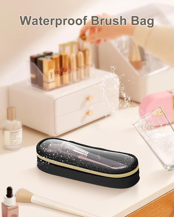 Soimeat Clear Travel Makeup Brush Holder, Leather Makeup Brush Toiletry Bag, Portable Cosmetic Brush Case, Transparent Waterproof Makeup Brush Storage Bag, Black, Large