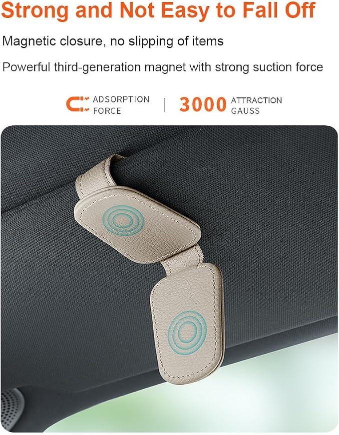 Sunglass Holder for Car, Magnetic Leather Sunglasses Clip for Car Visor, Eyeglass Hanger Clip for Car Sun Visor (A Khaki)