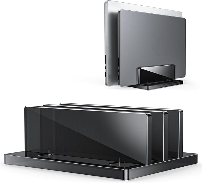 OMOTON Vertical Laptop Stand for Desk, Acrylic Laptop Holder Desktop Clear Adjustable Dock for MacBook Pro Air, HP, All Gaming Laptops up to 17” (Black, Dual Slot)
