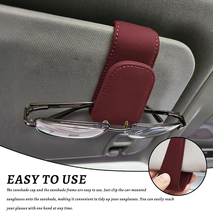 Sunglass Holder for Car, Car Sunglass Holder, Magnetic Leather Sunglasses Holder and Ticket Card Clip, Auto Multi-Functional Sun Visor Eyeglass Holders for SUV Pickup Truck (Wine Red)