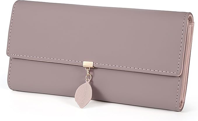 UTO RFID Wallet for Women PU Leather Leaf Pendant Card Holder Phone Checkbook Organizer Zipper Coin Purse | Leaf Pendant