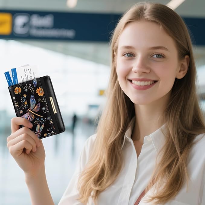 Passport Holder Cover Travel RFID Blocking Passport Cover Cute Flowers Passport Wallet with Elastic Band for Women, Dragonflies