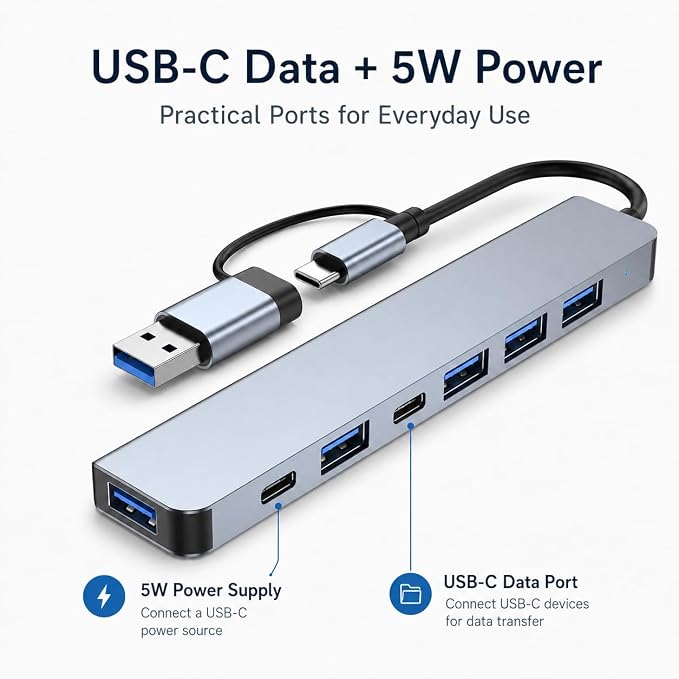 7-Port USB Hub, USB-C & USB-A Multiport Adapter with USB 3.0, USB 2.0, USB-C Data Port and 5W Power Input, Slim Aluminum for Laptop, Desktop, MacBook, iPad, Keyboard, Mouse, Flash Drive