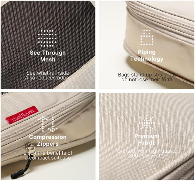 LeanTravel Premium Compression Packing Cubes for Travel - Suitcase Organizer Bags with Double Zipper & Breathable Mesh Panel - Space Saving Carry On Luggage Essentials (6-Pack, Sand)