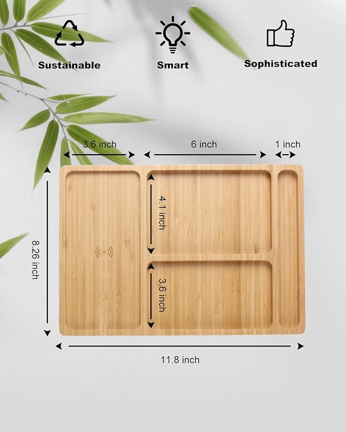Valet Tray, Built-in Wireless Charger, Nightstand Organizer, Bamboo Desk Bedside Caddy Organizer Tray for Men, EDC Catchall Trays for Keys, Watch, Phone, Jewelry