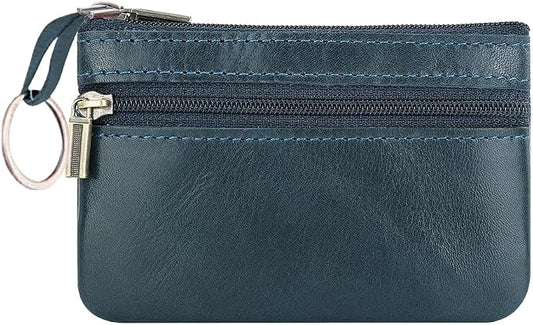 Genuine Leather Coin Purse, Small Coin Pouch for Men Women, Cash Change Wallet Key Holder Money Pouch with Key Ring, Zipper Storage Bag Coin Organizer (Blue)