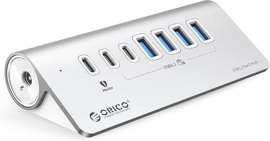 ORICO 7-Port USB 3.2 Gen2 Hub, Powered USB 3.2 Hub with 4 USB-A, 2 USB-C, PD 60W, 72W Power Adapter, 10Gbps Aluminium USB-Splitter with 3.28Ft USB-C to USB-C Cable for iMac, MacBooks, Mac mini