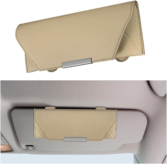 Osilly Car Sunglasses Holder, Sun Visor Eyeglasses Protective Storage Case with Hidden Magnetic Closure, Leather Automotive Glasses Organizer Box, Universal Vehicle Interior Accessories (Beige)