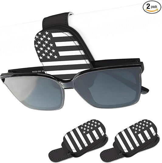 2 Pack Sunglass Holder for Car Visor, National Flag Magnetic Leather Car Sun Visor Clip for for Different Size Eyeglasses, Car Visor Accessories Gadgets (National Flag-Gray)