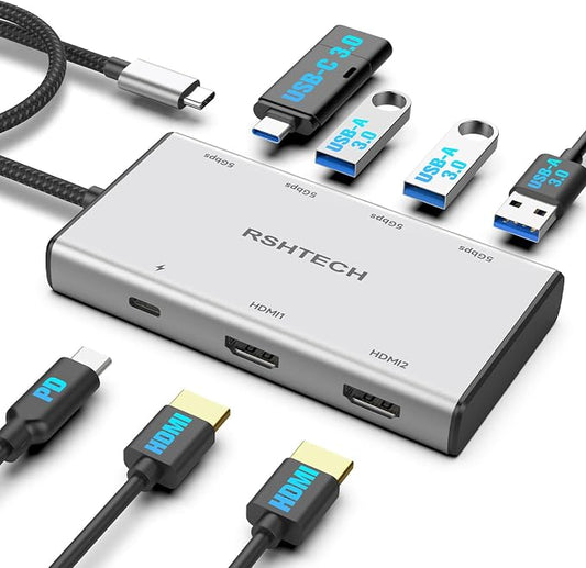 RSHTECH 7-in-1 USB C Hub Multiport Adapter with 2x4K@60Hz HDMI, USB-3.0 Data Ports(3A+1C), 100W PD, Aluminum USB-C Docking Station Dual Monitor for Laptops and MacBook