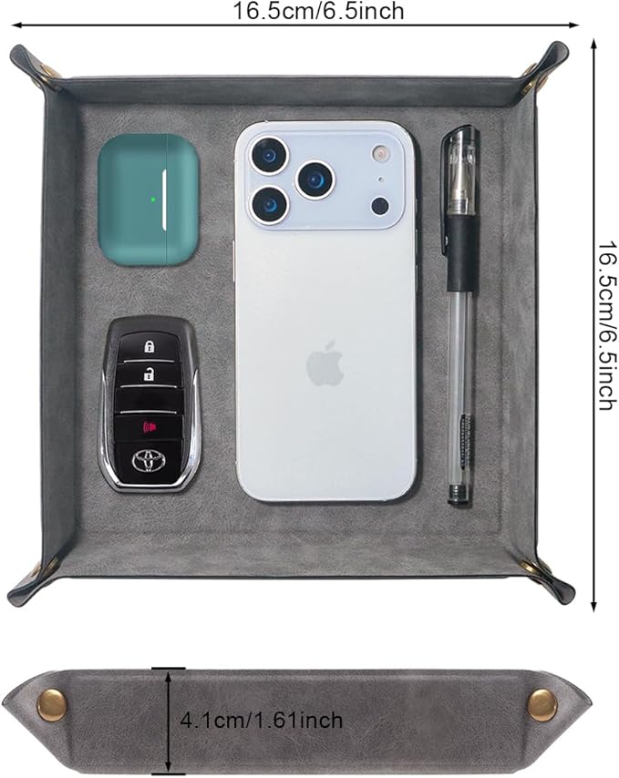 Valet Tray Desktop Storage Organizer – Premium PU Leather Catchall Bedside Vanity Tray Nightstand Caddy Holder for Remote Controller, Keys, Phone, Wallet, Coin, Jewelry,Grey