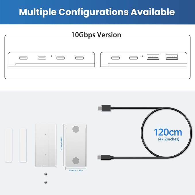 EJAY 4 Port Magnetic USB C Hub, 5Gbps Mountable Data Splitter with 59in Cable, Under Desk USB Hub with Mount, Magnetic Desktop Extender for PC Mac, Silver