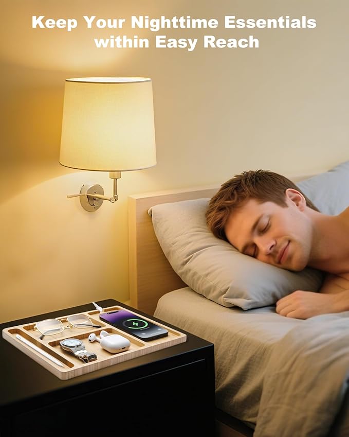 Valet Tray, Built-in Wireless Charger, Nightstand Organizer, Bamboo Desk Bedside Caddy Organizer Tray for Men, EDC Catchall Trays for Keys, Watch, Phone, Jewelry
