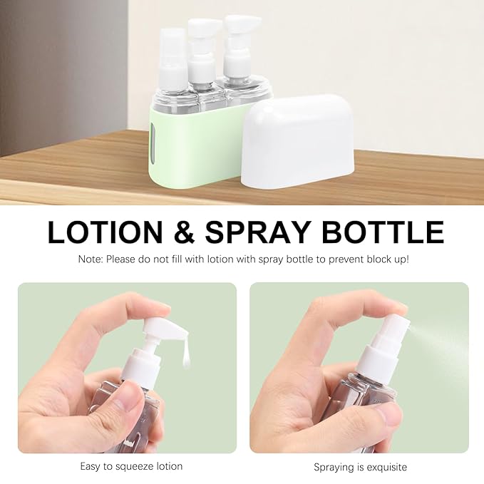 Skycase Travel Bottles - Leak Proof Refillable Tsa Approved Travel Size Toiletries, 3 in 1 Liquid Bottles Containers with Labels and Funnel Airplane Accessories Kits for Lotion Liquid (Green)