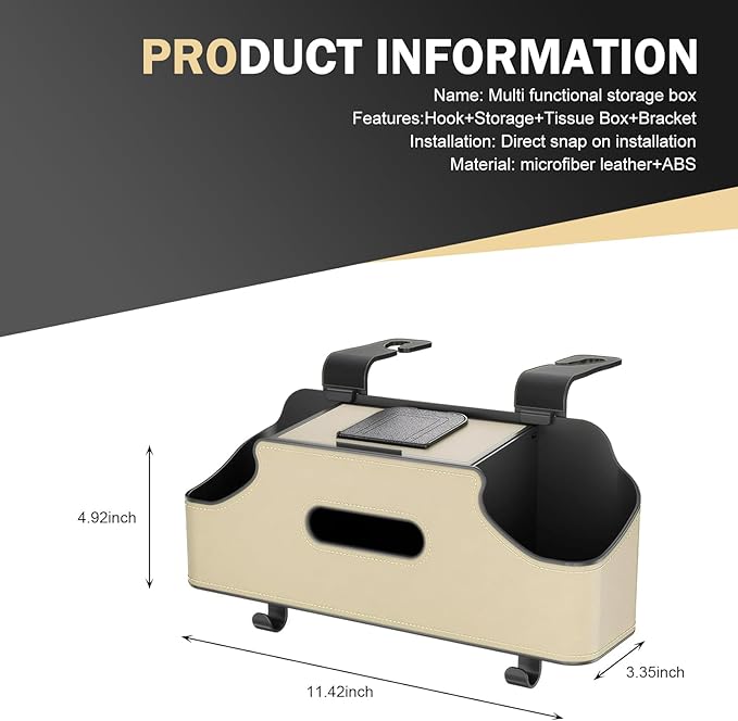 SLIMI 1 PC Car Backseat Organizer, 3 in 1 Multifunctional Double Cup Holder Tissue Box with 2 Hooks, Universal Car Seat Back Organizer, for Most Cars (Beige)