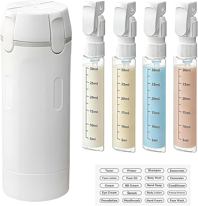 4 in 1 Travel Dispenser Bottle Travel Bottle Dispenser for Toiletries TSA Approved Leakproof with 4 Pack 30Ml Travel Size Pump Bottles & Labels, Suitable for Lotion Shampoo Conditioner Cream