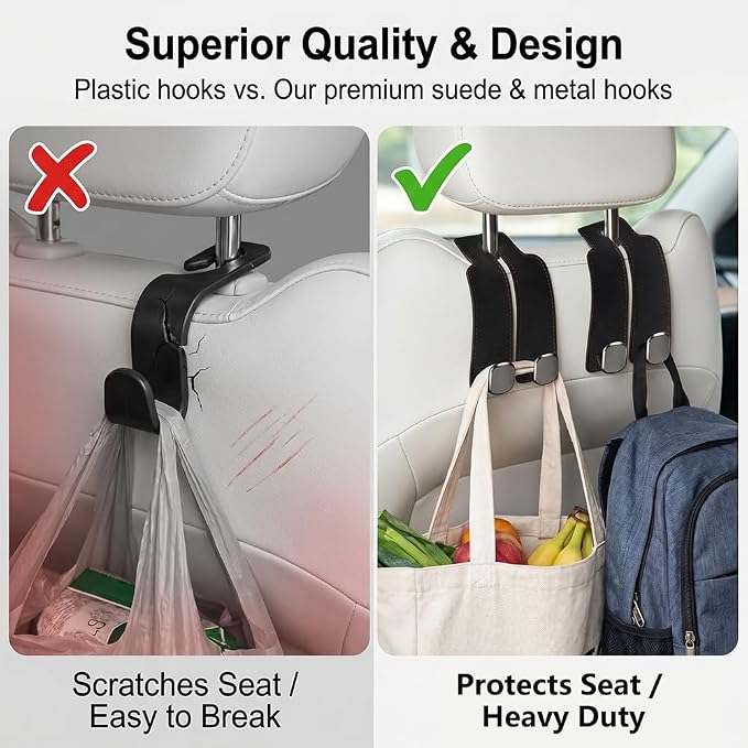 FXOICMI Car Seat Headrest Hooks, Purse Hooks for Car with Double Hooks, Leather Car Seat Hooks for Purses and Handbags, Heavy Duty Car Purse Holder Hanger for Travel, Keep Car Tidy (Brown 4Pcs)