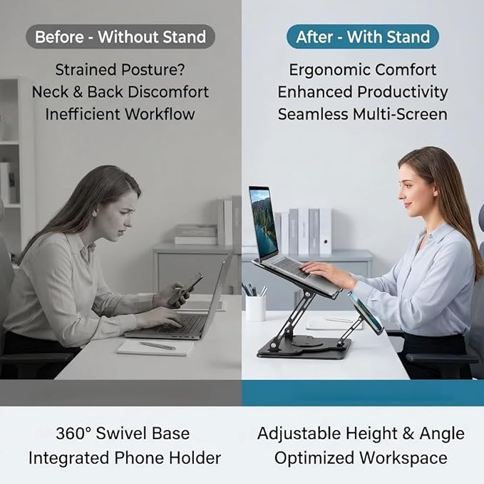 Laptop Stand for Desk,Adjustable Computer Stand with 360° Rotating Base,2-in-1 Laptop Stands with Phone Holder,Ergonomic Laptop Riser for Collaborative Work,fits for All 10-16" Laptops
