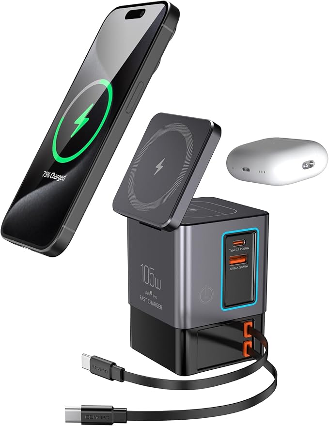 105W Charging Station?“MagSafe Compatible,6-in-1 Charging Dock,Gan Retractable Charger with Dual 65W Cables,USB-C Fast Charging for iPhone, AirPods,Tablets.