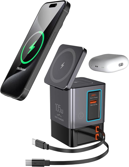 105W Charging Station?“MagSafe Compatible,6-in-1 Charging Dock,Gan Retractable Charger with Dual 65W Cables,USB-C Fast Charging for iPhone, AirPods,Tablets.