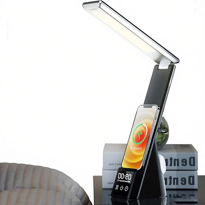 AYI Multi-Functional Wireless Charging Lamp with LED Display, Alarm Clock, 3 Color Light Modes, Foldable & Portable, 15W Fast Wireless Charger Stand for Smartphones, Smartwatches, Earbuds, N61 Black.