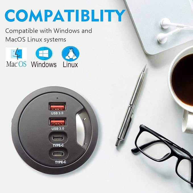 Grommet Desk-Fit USB 3.0 Hub (Diameter 2.36" or 60MM) 2 Port Type A&2 Port Type C,Compatible Charging and Data Transmission,