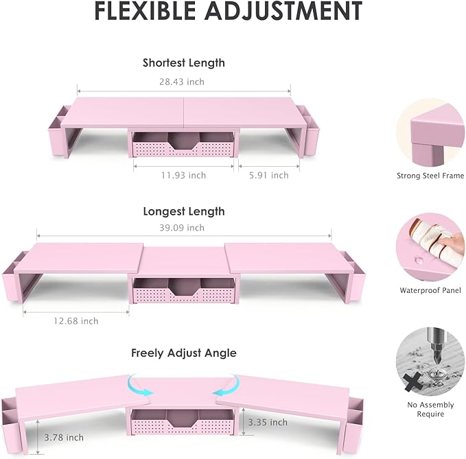 OPNICE Desk Organizers and Accessories, Dual Monitor Stand Riser with Drawer and 2 Pen Holders, Desk Shelf Metal Computer Racks for Office Workspace Organizers, Desktop Organization (Pink Metal)