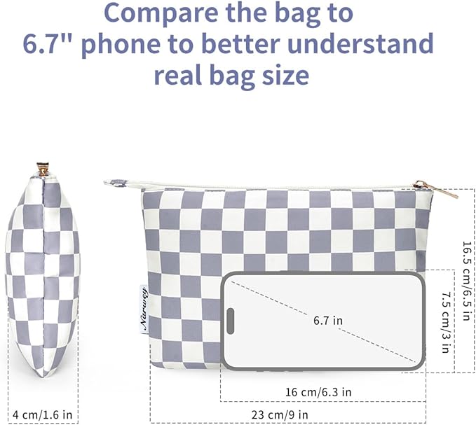 Narwey Small Checkered Makeup Bag for Purse Small Cosmetic Bag Women Travel Makeup Pouch Zipper Pouch (Grayish Blue Checkerboard)