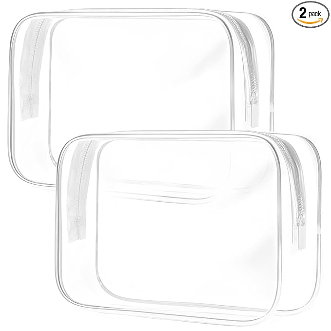 TRODANCE Clear Toiletry Bag, 2 Packs TSA Approved Water resistant Travel Organizer, Airport Airline Travel Essential Carry On Makeup Cosmetic Bags for Women, White - 2 packs