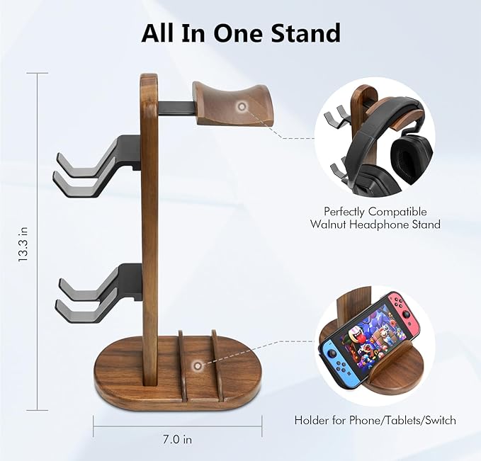 Controller Holder with Headphone Stand - Wood Gaming Controller Stand for Xbox PS5 PS4 Switch Pro, PC Gaming Accessories - Present Idea for Husband, Boyfriend, Gamers, Game Lover, Game Room Decor