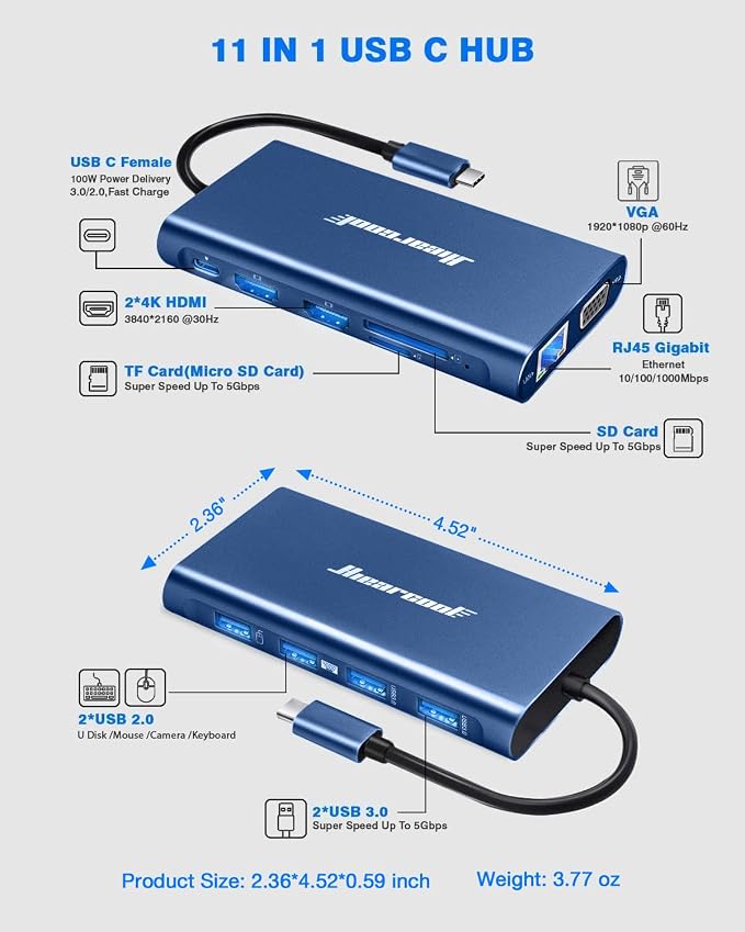 Hiearcool USB C Docking Station Dual Monitor, 11 in 1 Triple Display USB C Laptop Docking Station with 2 HDMI VGA, Type C Dongle Dock Compatible for Thunderbolt 3 4 Laptops