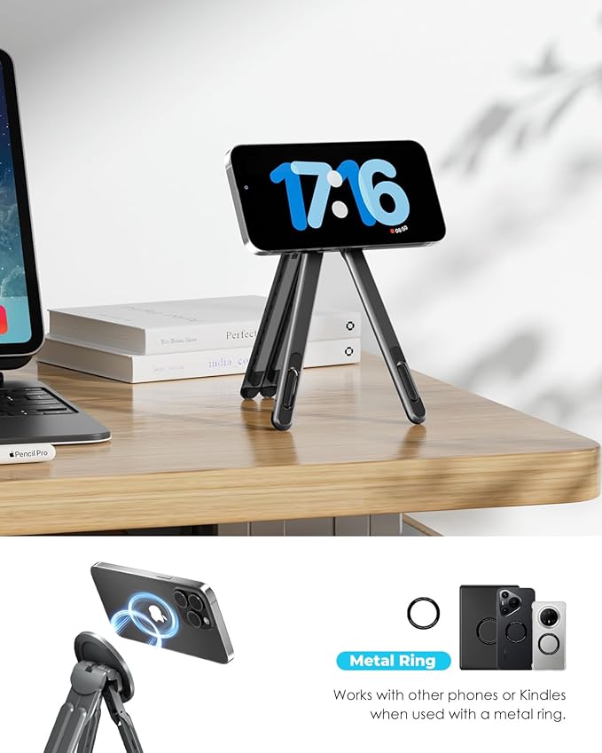 Viozon Portable Laptop Stand for Desk, Foldable Adjustable Computer Riser with Magnetic Phone Holder, Aluminum Laptop Stand for 10–16” Laptops & 4–13” Phones/Tablets (Space Grey)