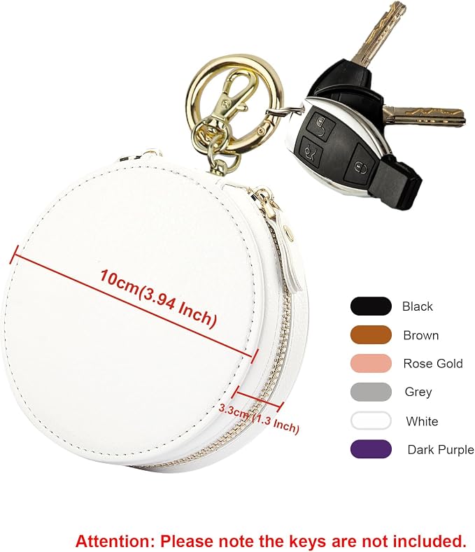 Bocasal Coin Pouch Mini Lipstick Cosmetic Bag with Airtag Holder Mirror, Leather Zipper Travel Makeup Bag Organizer Keychain Ring Clasp for Key Earbuds Earphone Lip Gloss Chapstick Women Girls (White)
