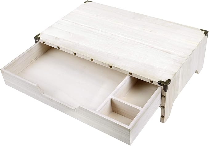 Ikee Design Wooden 2 Tier Monitor Stand with Drawer,Wood Desktop Stands for Laptop ,TV, Computer Riser,Wooden Clutter-Free Desk Storage Organizer,16 1/2 W x 10 1/4 D x 5 1/8 H in, White