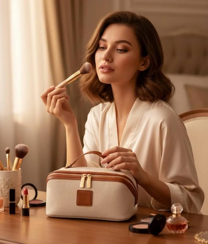 Travel Makeup Bag Waterproof Large Cosmetic Organizer Pouch with Brush Holder, Compartments & Handle – Toiletry Bag Women – Portable Clear Makeup Case for Travel