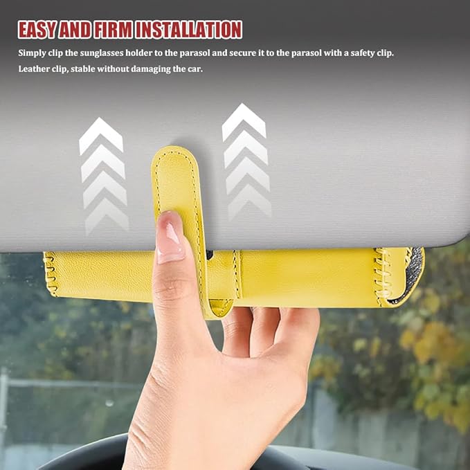 Sunglasses Holder for Car Sun Visor, Leather Auto Eyeglasses Storage Case with Hidden Magnetic Closure, Universal Protective Glasses Organizer Box, Visor Accessories for Woman Man (Yellow)