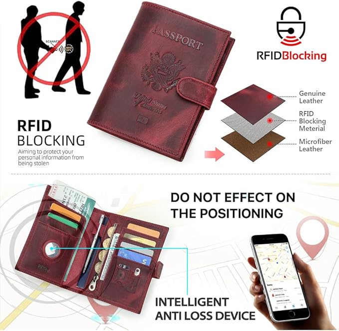 CONTACTS Full Grain Leather Passport Holder Compatible with Airtag RFID Blocking Passport Wallet Travel Slim Passport Cover with SIM Card Removal Tool (Bagde, Red)