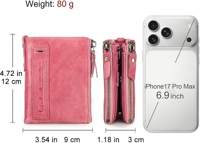 CONTACTS Soft Leather Wallet for Women Small Bifold Coin Purse Double Zipper Card Holder with RFID Blocking (Watermelon Red)