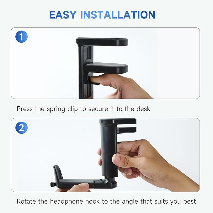 PC Gaming Headset Holder, Upgraded Headphone Stand for Desk,Adjustable Clamp-on Under Desk Hanger, Rotating Headphone Stand & Cable Clip Organizer (Black)