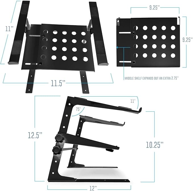 AxcessAbles Two-Tier Adjustable DJ Stand with Clamps | for DJ Controllers, Music Mixers, Laptops up to 20lbs.| DJ Controller Stand Compatible with DDJ-REV1, DDJ-FLX4 (LTS-03 Black)