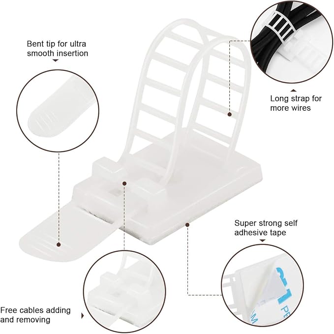 50Pcs Adhesive Cable Management Clips with 50Pcs Zip Ties, Adjustable Nylon Cable Strap Ties Wire Clips Clamps Organizer, Extra Screw & Hole - 3.55 Inch White