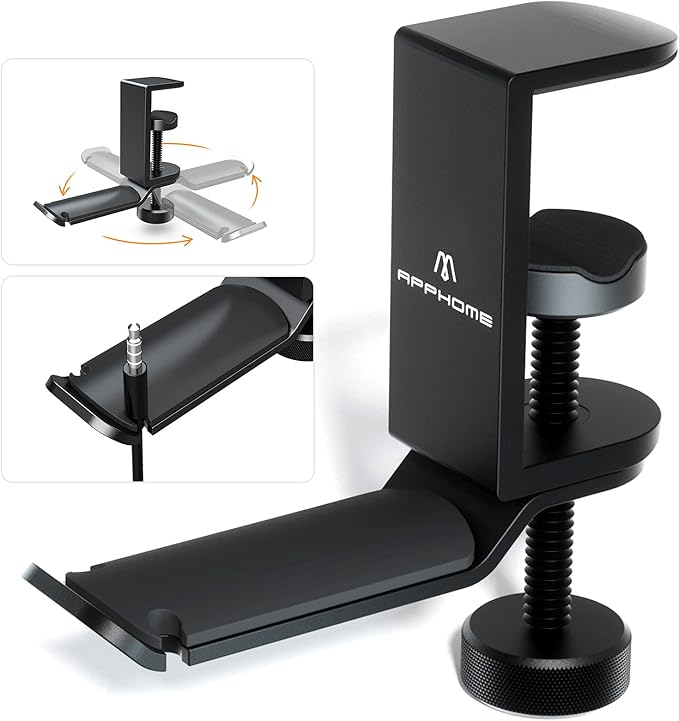 Under Desk Headphone Stand - 360 Degree Rotating Aluminum PC Gaming Headset Holder with Cable Organizer, Adjustable Screw Clamp Hanger for Heavy Headphones, VR Glasses & Bags, Universal Fit
