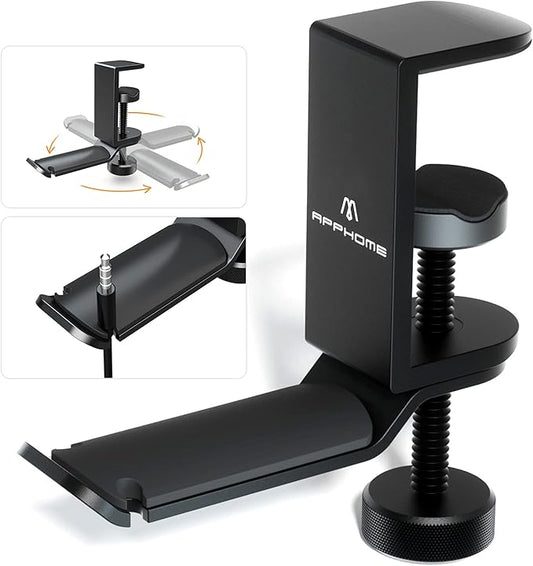 Under Desk Headphone Stand - 360 Degree Rotating Aluminum PC Gaming Headset Holder with Cable Organizer, Adjustable Screw Clamp Hanger for Heavy Headphones, VR Glasses & Bags, Universal Fit