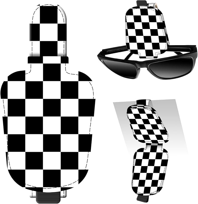 Leather Magnetic Sunglass Holder for Car Sun Visor, Cute Eyeglass Ticket Card Hanger Clip, Universal Auto Interior Accessories for SUV Pickup Truck Black White Checker