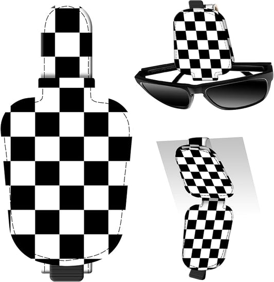 Leather Magnetic Sunglass Holder for Car Sun Visor, Cute Eyeglass Ticket Card Hanger Clip, Universal Auto Interior Accessories for SUV Pickup Truck Black White Checker