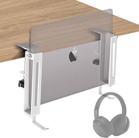 IFCASE Adjustable Desk Side Laptop Mount Holder with Headphone Hook, No Drill Desk Storage Organizer (White)
