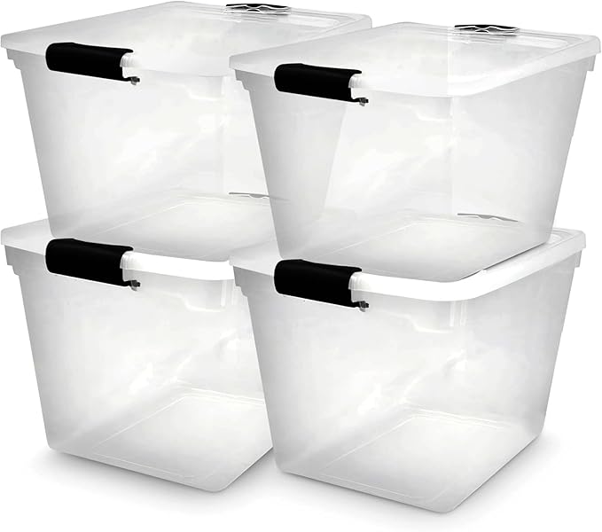 HOMZ 4-Pack 31 Quart Latching Lid, Clear Plastic Storage Organizer Bins, Gray – Stackable Containers for Home & Office Shelves, Kitchen, Garage, and Bathroom Organization